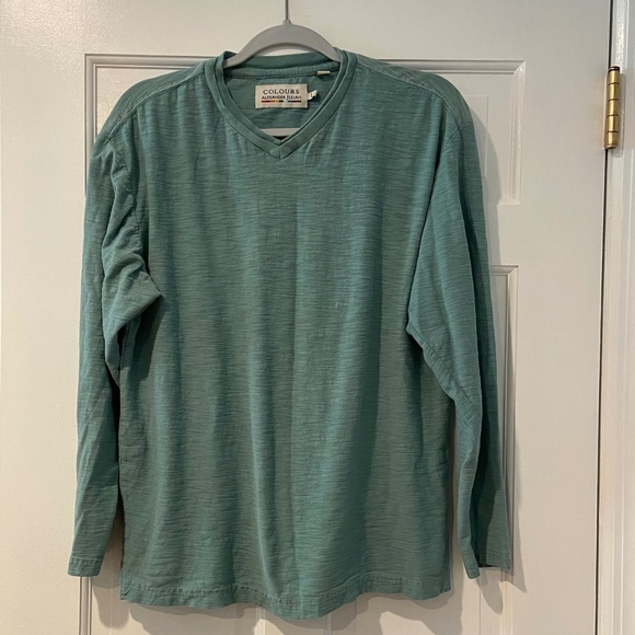 Men's Long Sleeve Heathered Seafoam Green V-Neck Cotton Shirt – Large - Picture 1 of 5